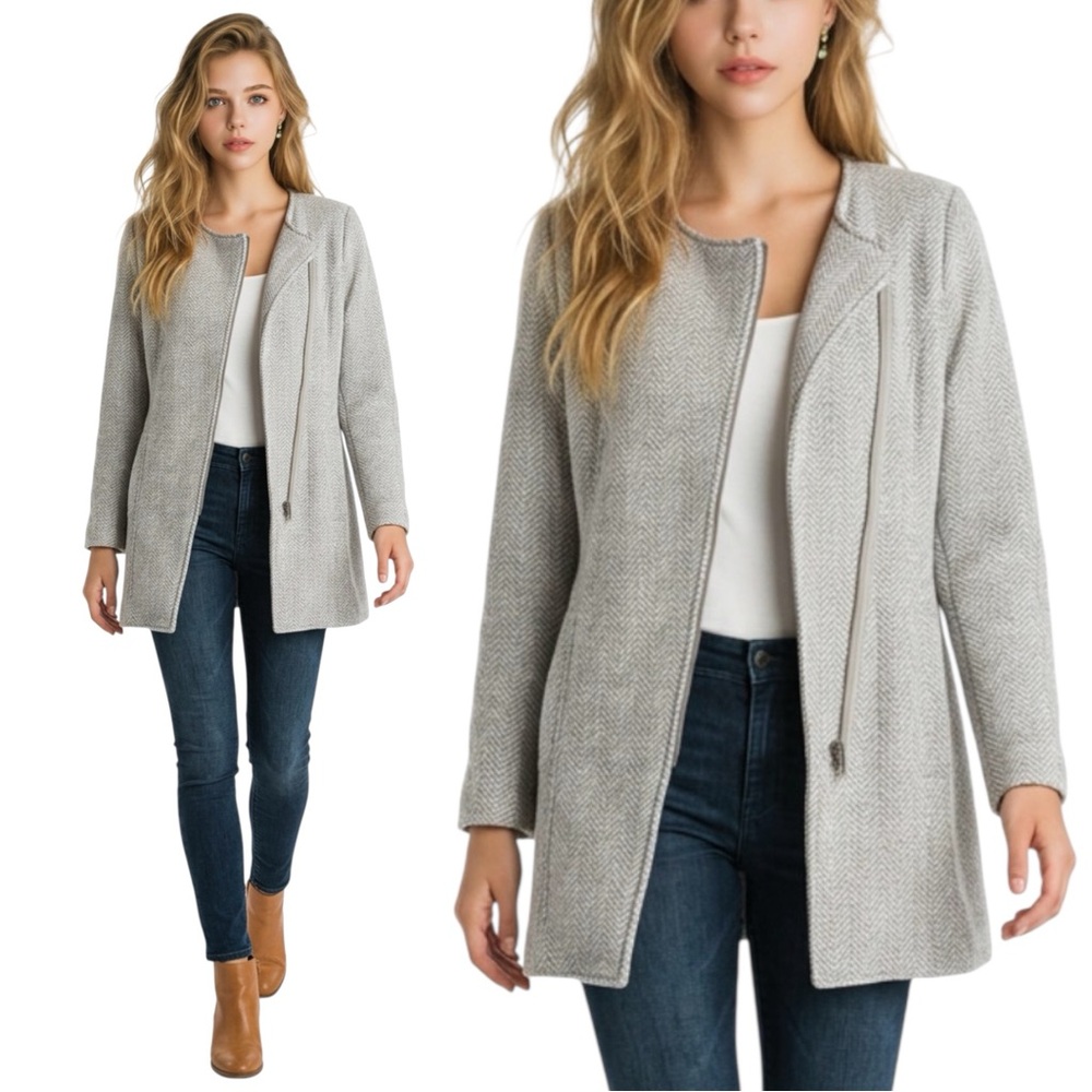 Banana Republic Gray Herringbone Fleece Lined Asymmetrical Knit Moto Jacket Coat
